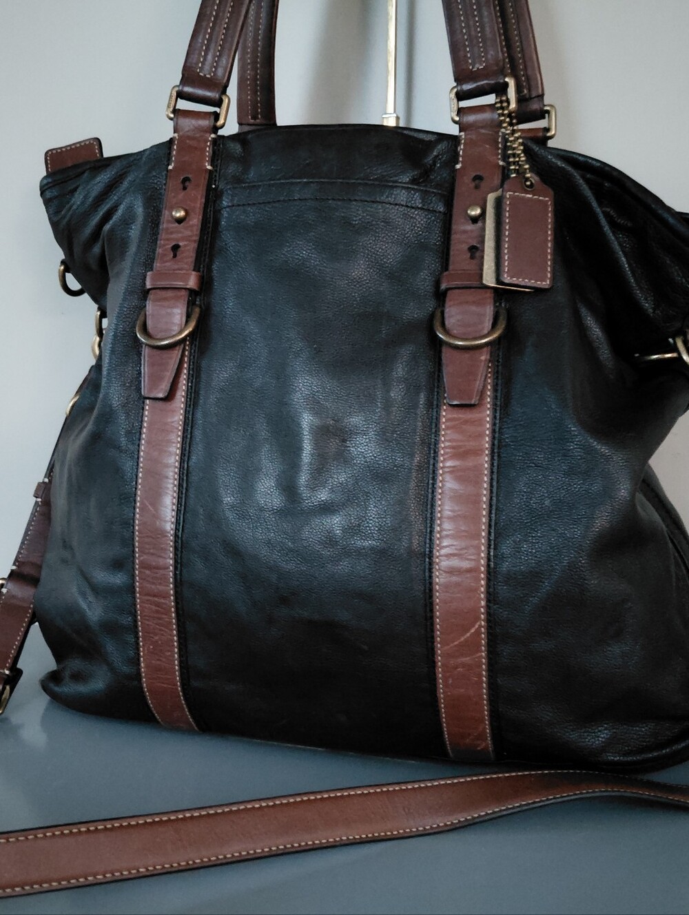 Coach Black Leather Messenger Bag with Brown Trim